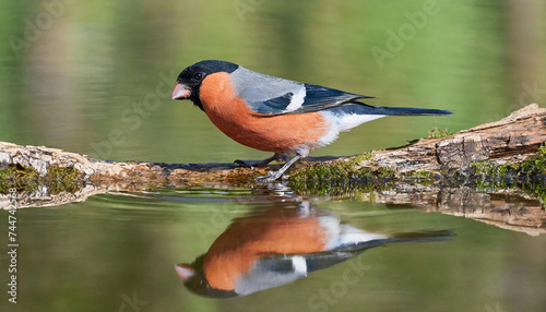 Male eurasian bullfinch, pyrrhula pyrrhula, sitting on a stump near water with its reflection mirrored on surface with copy space. Small colorful passerine bird drinking from pond photo