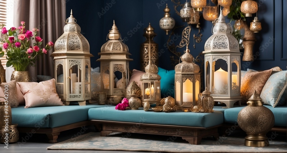 Obraz premium Showcase the elegance of Ramadan home decor in a living space, with ultra-realistic details in capturing the ornate lanterns, plush cushions, and carefully arranged floral arrangements -Ai Generative