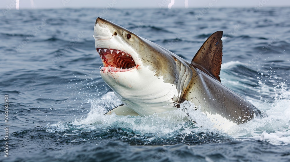 Fototapeta premium Great White Shark Emerging from Ocean with Open Jaws