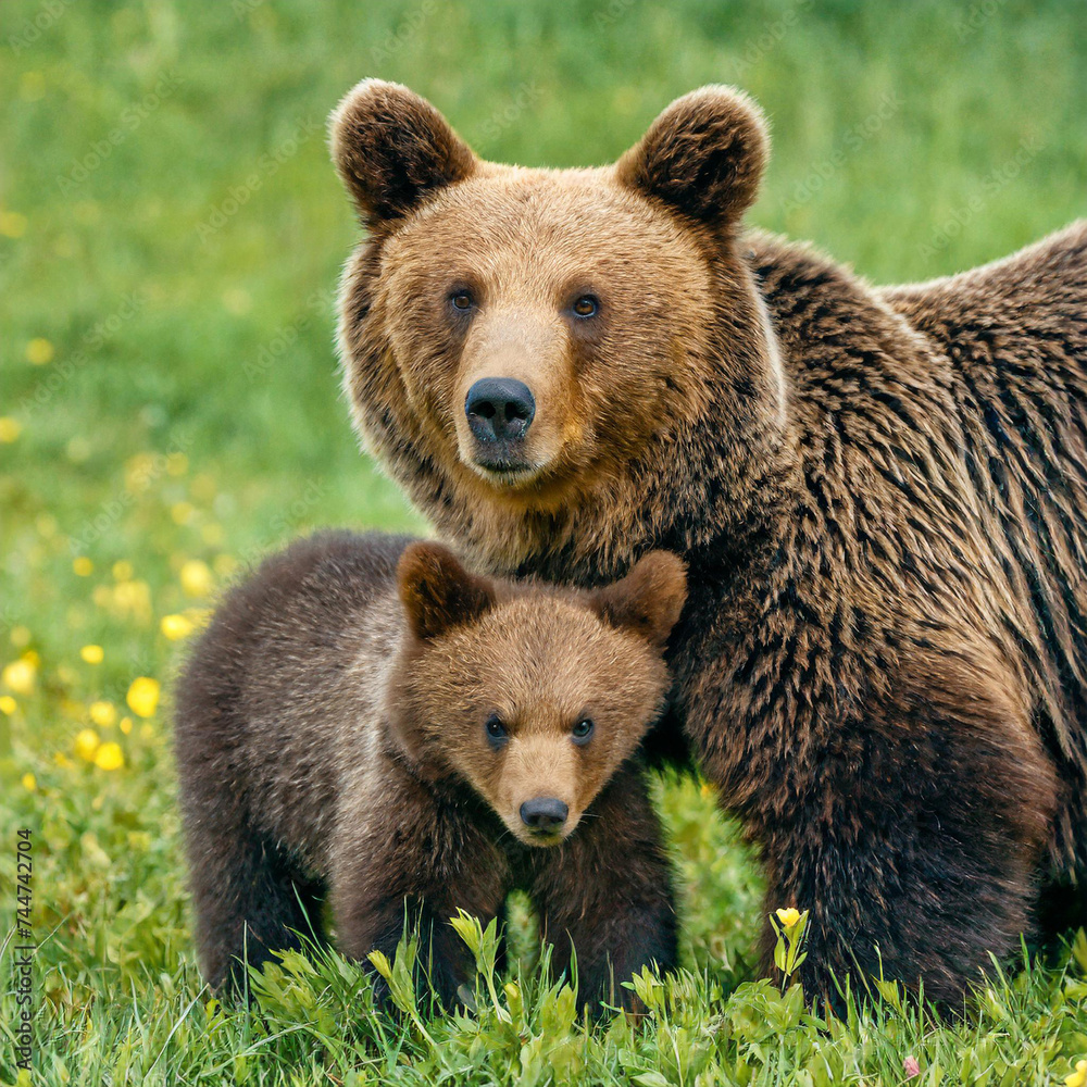 Fototapeta premium Protective female brown bear, ursus arctos, standing close to her two cubs. An adorable young mammals with fluffy coat united with mother in the middle of grass meadow