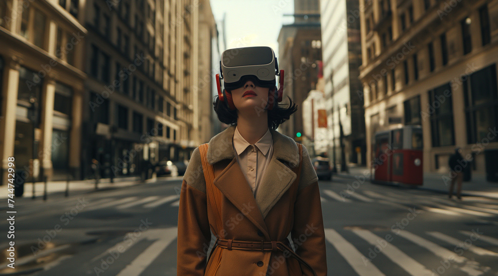 a woman standing in an empty city street in an vr headset, in the style of the new york school a woman standing in an empty city street in an vr headset, in the style of the new york school