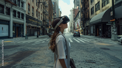 a woman standing in an empty city street in an vr headset, in new york