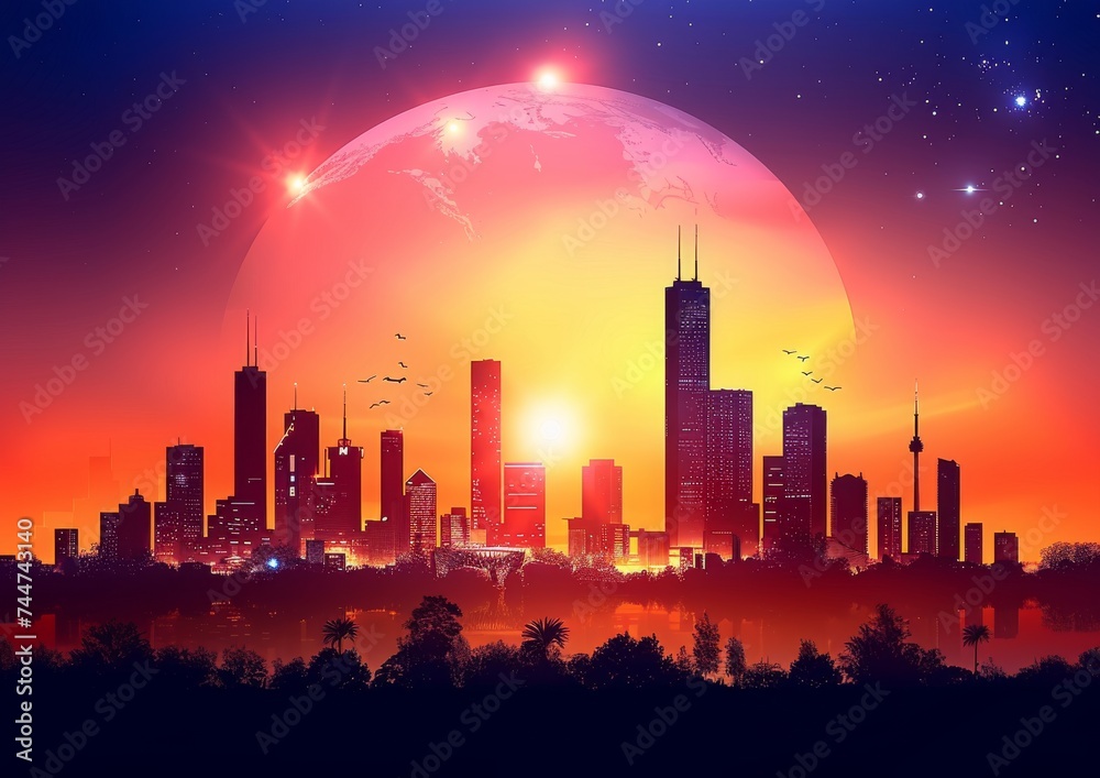 City Skyline with Large Moon and Shooting Star at Sunset