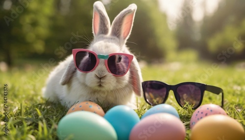 Cute Rabbit Bunny wearing sunglasses exploring the green landscape surrounded by festive Easter eggs, Crafted using generative AI.