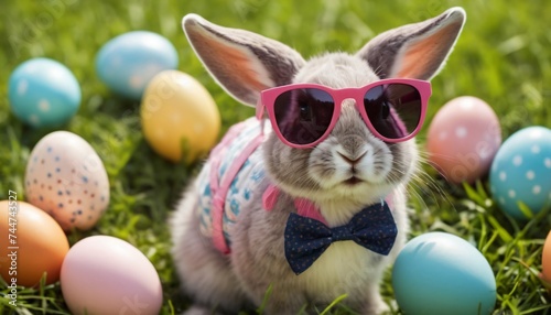 Cute Rabbit Bunny wearing sunglasses exploring the green landscape surrounded by festive Easter eggs, Crafted using generative AI.