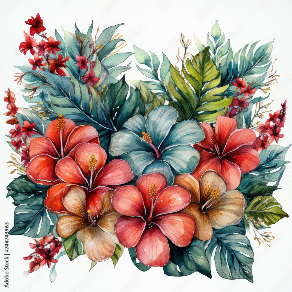 Fototapeta premium watercolor painting of a tropical frame with flower clipart, Generative Ai