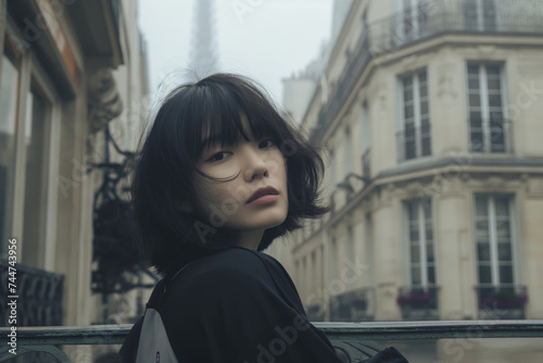 A contemplative young woman looks over her shoulder, her hair tousled by the wind, against a backdrop of Parisian architecture.
