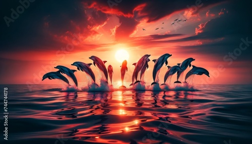 Group of Dolphins Leaping at Sunset, Vibrant Marine Life Scene for Nature Documentaries and Ocean Awareness Campaigns