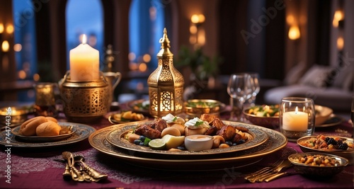 Capture the essence of an iftar dinner with ultra-realistic precision  showcasing a beautifully set table adorned with traditional Ramadan dishes  where the warm glow of candlelight-Ai Generative