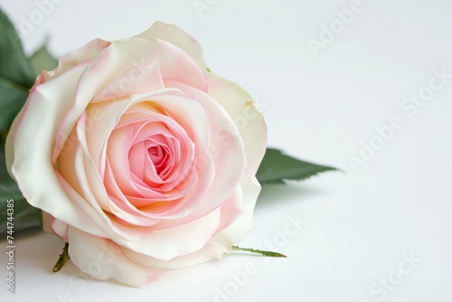 A pristine white rose with subtle pink hues, lying against a white background, exemplifies natural elegance and simplicity.