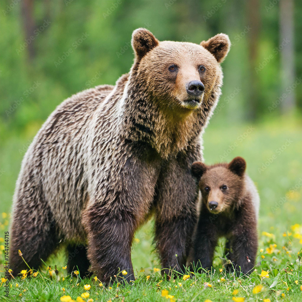 Brown bear, ursus arctos, mother with two cubs on green meadow with copy space. Wide panoramic banner of wild mammal with her lovely offsprings. Animal wildlife in summer nature Brown bear, ursus arctos, mother with two cubs on green meadow with copy space. Wide panoramic banner of wild mammal with her lovely offsprings. Animal wildlife in summer nature