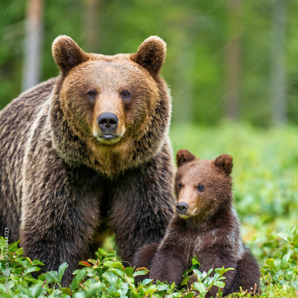 Brown bear, ursus arctos, mother with two cubs on green meadow with copy space. Wide panoramic banner of wild mammal with her lovely offsprings. Animal wildlife in summer nature