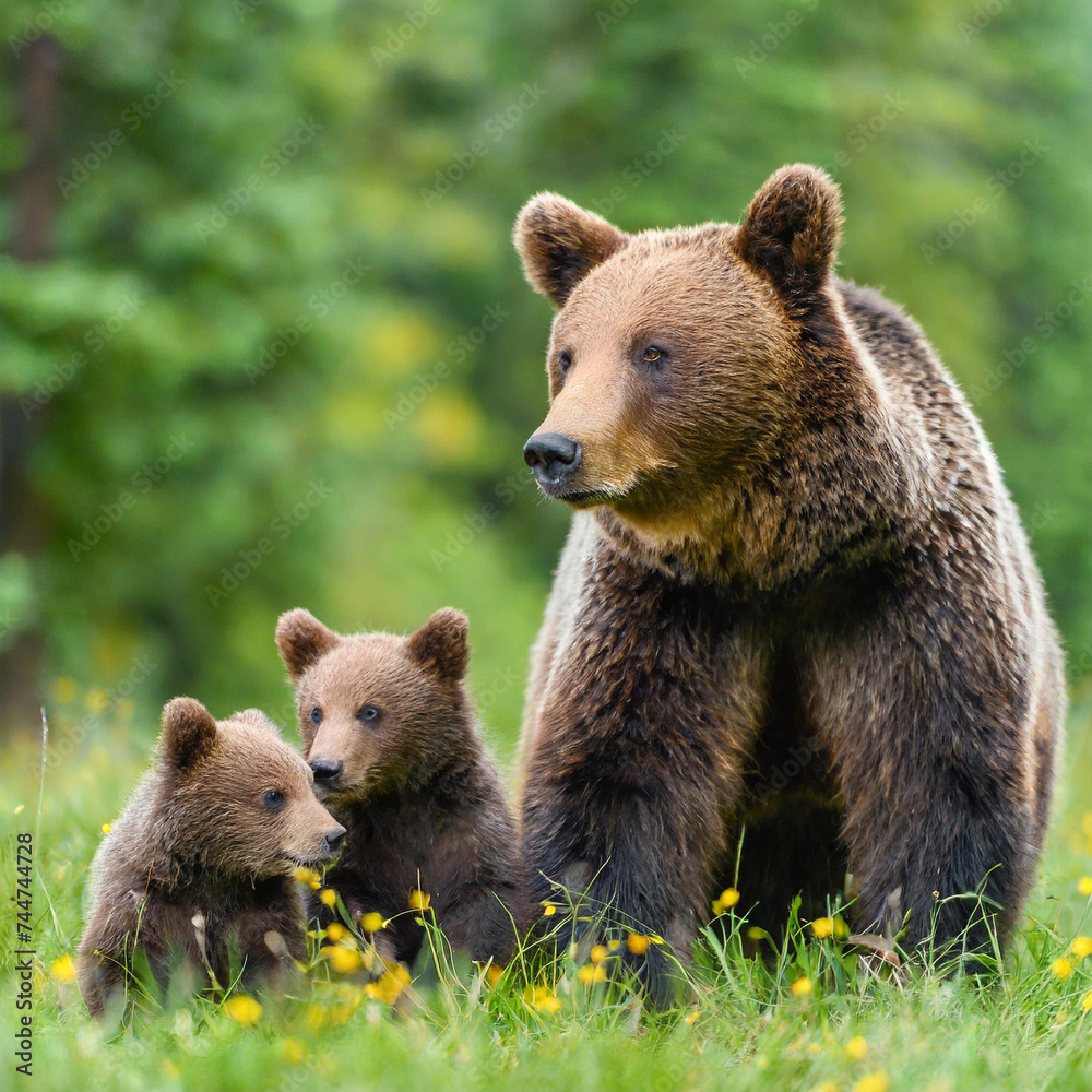Brown bear, ursus arctos, mother with two cubs on green meadow with copy space. Wide panoramic banner of wild mammal with her lovely offsprings. Animal wildlife in summer nature Brown bear, ursus arctos, mother with two cubs on green meadow with copy space. Wide panoramic banner of wild mammal with her lovely offsprings. Animal wildlife in summer nature