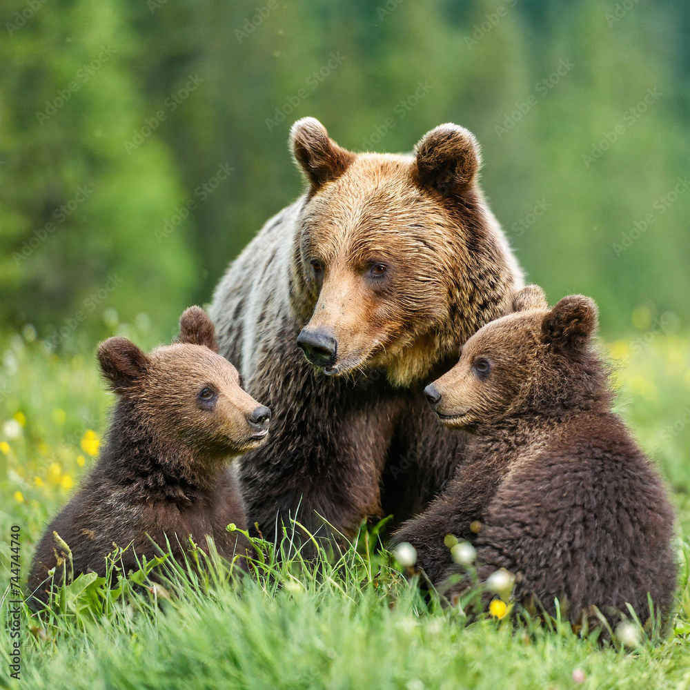 Brown bear, ursus arctos, mother with two cubs on green meadow with copy space. Wide panoramic banner of wild mammal with her lovely offsprings. Animal wildlife in summer nature Brown bear, ursus arctos, mother with two cubs on green meadow with copy space. Wide panoramic banner of wild mammal with her lovely offsprings. Animal wildlife in summer nature