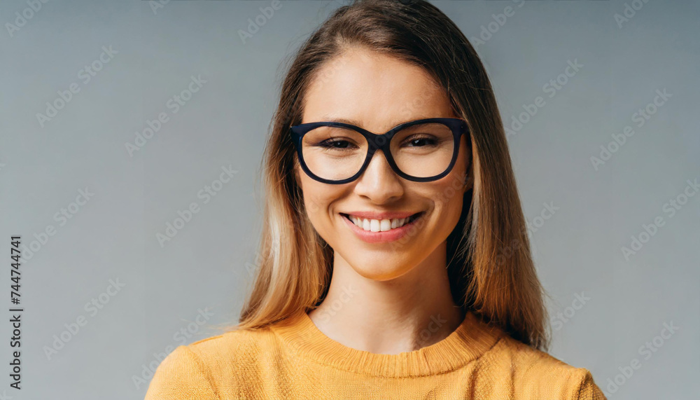 cheerful attractive woman with blonde hair with glasses smiling at camera on gray background, banner - obrazy, fototapety, plakaty 