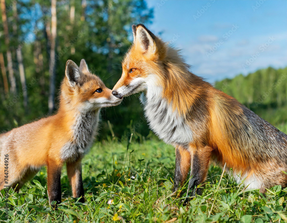Fototapeta premium Family of red fox, vulpes vulpes, mother and young cub touching with noses in green summer nature. Close interaction between female adult mammal and her offspring. Animal wildlife