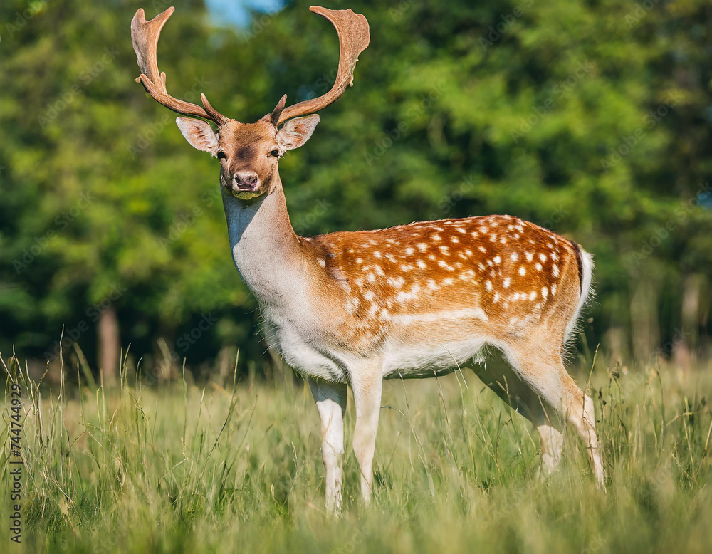 Fallow deer, dama dama, standing in long grass in spring sunlight. Stag with massive antlers looking from sunny field. Spotted mammal watching on meadow. Fallow deer, dama dama, standing in long grass in spring sunlight. Stag with massive antlers looking from sunny field. Spotted mammal watching on meadow.
