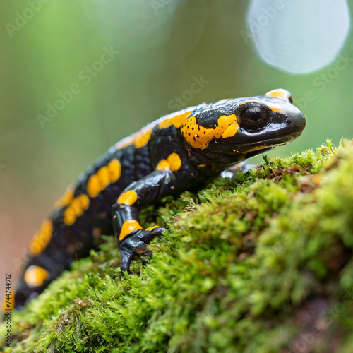 Fire salamander, salamandra salamandra, looking sideways from a moss covered tree in forest. Patterned toxic animal with yellow spots and stripes in natural habitat