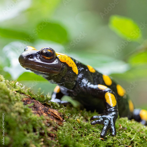 Fire salamander, salamandra salamandra, looking sideways from a moss covered tree in forest. Patterned toxic animal with yellow spots and stripes in natural habitat © Willard
