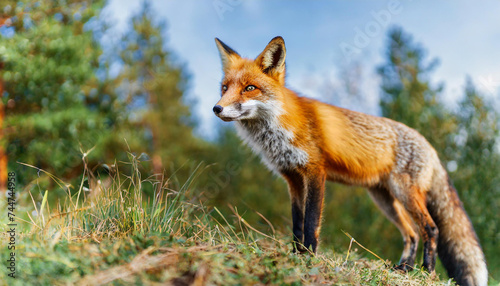 Fluffy red fox, vulpes vulpes, looking from a hill on a meadow in autumn nature. Furry mammal watching with interest on grassland from low angle side view © Willard