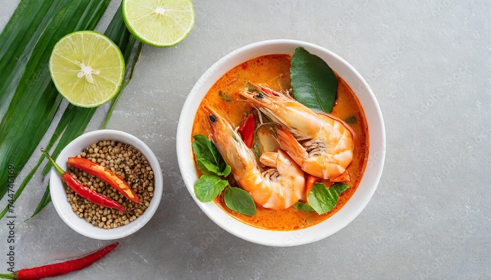 tom yum kung or spicy prawn soup for famous thai food in white bowl top view on transparent background