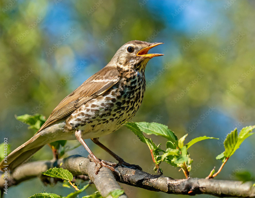 Song thrush singing on branch in sunlight with copy space Song thrush singing on branch in sunlight with copy space