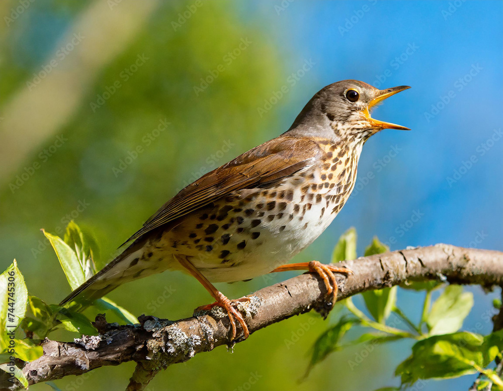 Song thrush singing on branch in sunlight with copy space Song thrush singing on branch in sunlight with copy space