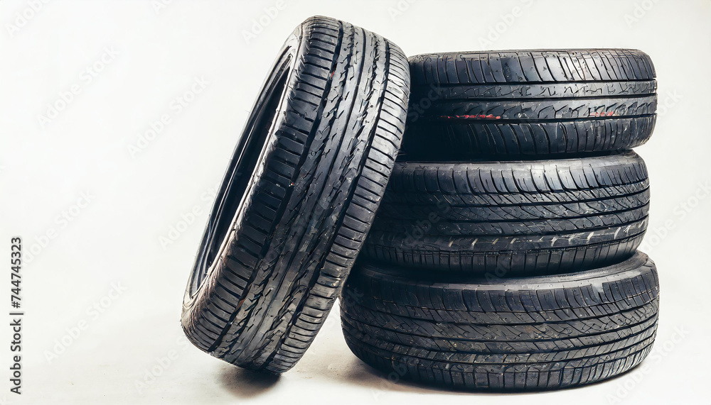 Stack of tires with one leaning wheel isolated on white background. Black wheels with structure shot in studio. Rubbers on car with copy space. Stack of tires with one leaning wheel isolated on white background. Black wheels with structure shot in studio. Rubbers on car with copy space.