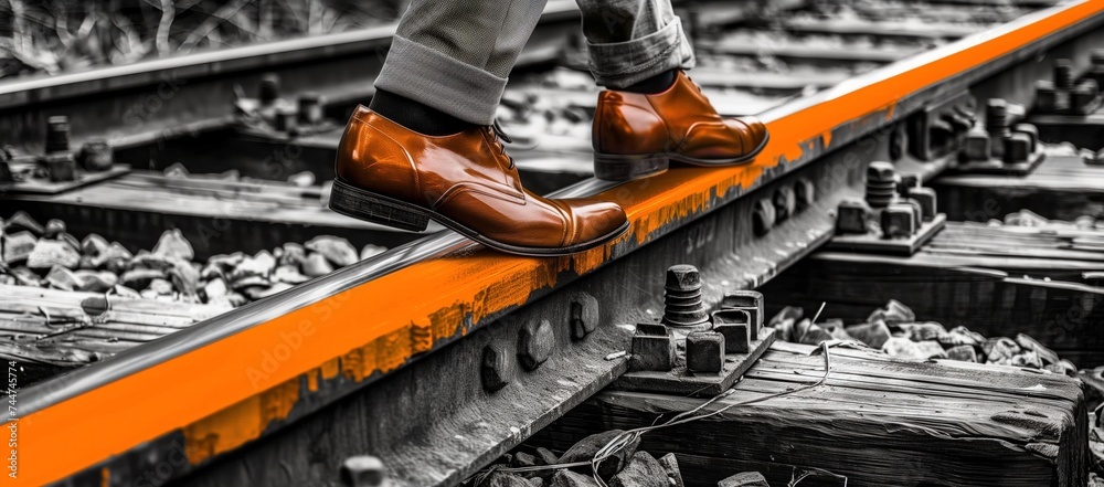 Feet in the shoes of a businessman on the railroad tracks. Businessman walks on the railroad (sleepers and rails). Monochrome image with orange flecks of color Feet in the shoes of a businessman on the railroad tracks. Businessman walks on the railroad (sleepers and rails). Monochrome image with orange flecks of color