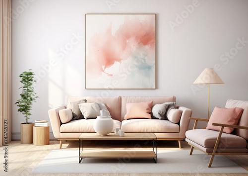 Gray sofa with pillows and white wall with abstract art Modern living room interior design