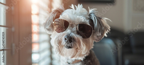 The doggie is white in color with sunglasses, generative AI © Tetiana Romaniuk