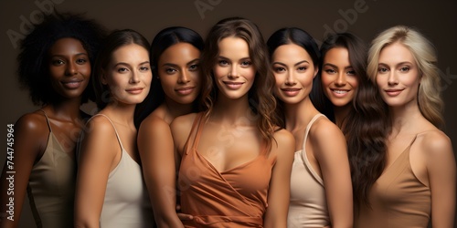 A diverse lineup of stunning women flaunting radiant skin and natural beauty. Concept Natural Beauty, Radiant Skin, Diverse Women, Stunning Portraits, Beauty Flaunting
