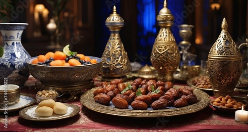 Explore the cultural richness of iftar with an ultra-realistic image, highlighting the traditional elements such as the ornate tableware, the arrangement of dates and water-Ai Generative