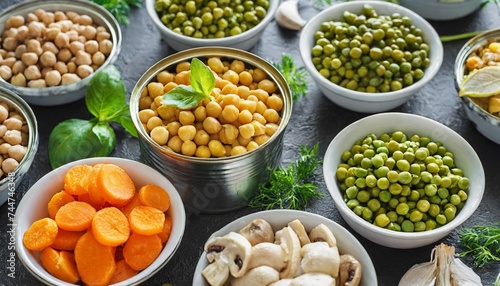 seamless food background made of opened canned chickpeas green sprouts carrots corn peas beans and mushrooms on black background © Deven