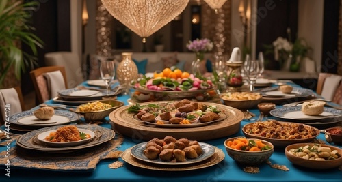 Showcase the artistry of an iftar dinner in a family setting  with ultra-realistic details in capturing the expressions of joy  the communal atmosphere  and the delectable array -Ai Generative