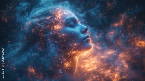  a close up of a woman's face with clouds of smoke and stars in the background and a blue sky filled with yellow and orange clouds in the foreground.