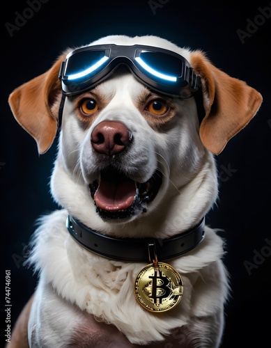 An attentive dog adorned with goggles and a gleaming Bitcoin medallion gazes upward, symbolizing the curiosity and engagement of pets in the digital era.