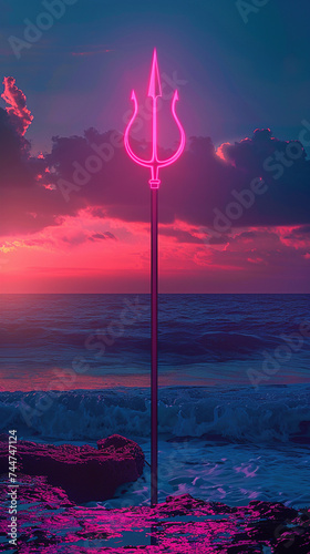 A simple powerful image of Poseidons trident cast in neon against a vaporwave inspired ocean backdrop 80s synthwave playing photo
