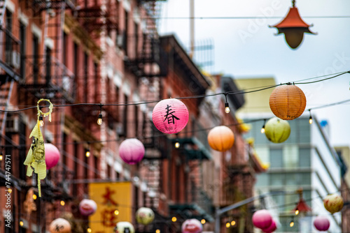Chinese red lanterns in the Chinatown neighborhood of New York City (USA), its festive decoration for the Chinese New Year and cultural celebration.