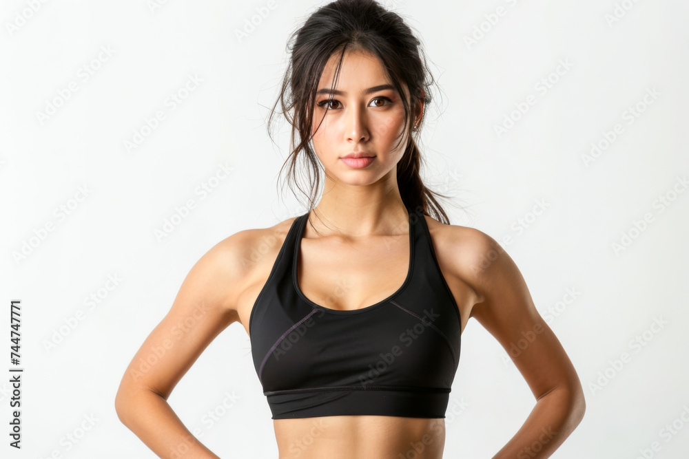 Portrait of smart woman posing for exercise isolated on white background, wearing sport shirt for workout at fitness, healthy body.
