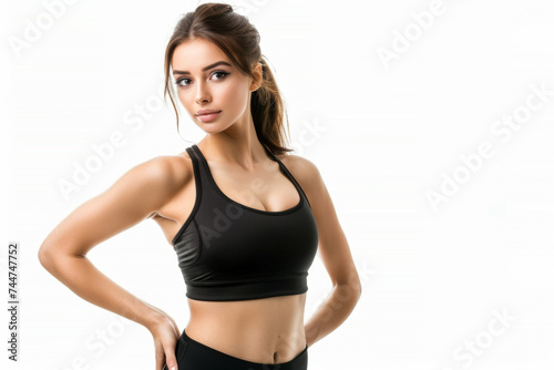 Portrait of smart woman posing for exercise isolated on white background, wearing sport shirt for workout at fitness, healthy body.