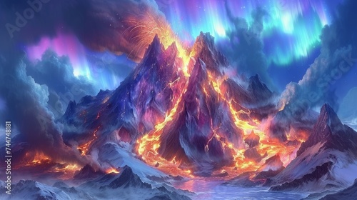 Majestic Volcano Eruption with Northern Lights, Intense Fantasy Landscape with Vibrant Colors