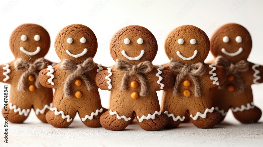 a group of gingerbreads with faces and hands in the shape of a man and a woman with a beard and mustache, standing in a row on a white background. a group of gingerbreads with faces and hands in the shape of a man and a woman with a beard and mustache, standing in a row on a white background.