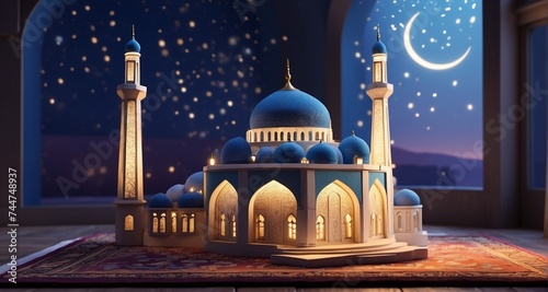 Craft an animated sequence illustrating the gradual transition of a mosque's interior from daylight to night during Ramadan, with ultra-realistic precision in showcasing the soft glow -Ai Generative photo
