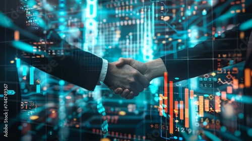Two professionals engage in a handshake against a backdrop of glowing digital data and financial graphs, symbolizing a futuristic business agreement. photo