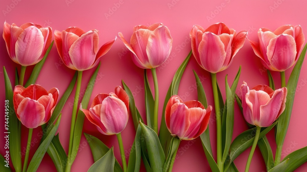 Pink tulip flowers on a pink background, symbolizing the anticipation of spring Pink tulip flowers on a pink background, symbolizing the anticipation of spring