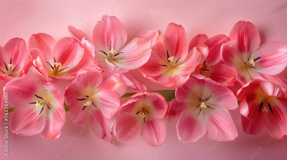 Pink tulip flowers on a pink background, symbolizing the anticipation of spring