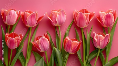 Pink tulip flowers on a pink background, symbolizing the anticipation of spring