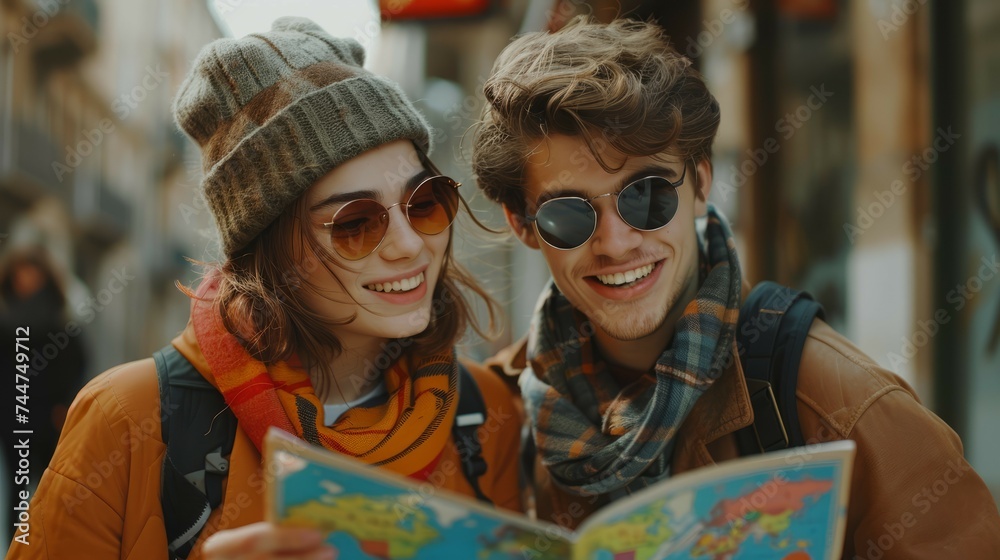 An adventurous couple in stylish winter clothing joyfully reads a map together, exploring the vibrant streets of a bustling city.