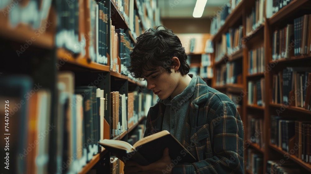 A deeply engrossed young man reads a book among library shelves, embodying the concept of academic dedication and knowledge pursuit. A deeply engrossed young man reads a book among library shelves, embodying the concept of academic dedication and knowledge pursuit.
